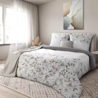 Pościel 140x200 cm komplet 2 częściowy satyna bawełniana kolor popielato, biały zdobiony motywem kwiatów  SPRING 106