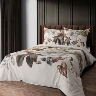 Pościel 160x200 cm komplet 3 częściowy z makosatyny bawełnianej kolor biało, ciemnooliwkowy z designerskim roślinnym nadrukiem DEMI Eva Minge