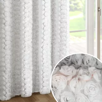 Zasłona biała z siateczki zdobiona różami 3D 140x270 cm taśma - ROSES1 Eva Minge