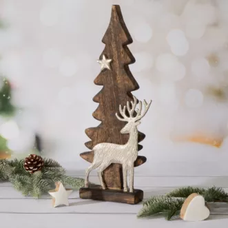 Figurka świąteczna drewniana choinka  z srebrnym jelonkiem