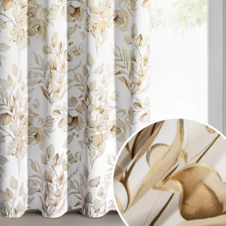 Zasłona beżowo, złota zaciemniająca z roślinnym nadrukiem i błyszczącymi akcentami 140x250 cm przelotki - OLENI