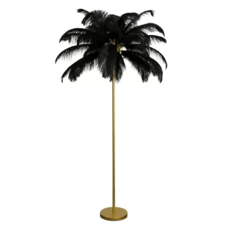 Lampa stojąca do salonu czarno, złota FERI na metalowej podstawie z efektownym abażurem z naturalnych strusich piór