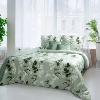 Pościel 140x200 cm komplet 2 częściowy satyna bawełniana kolor jasnozielony, biały z motywem liści SPRING 97