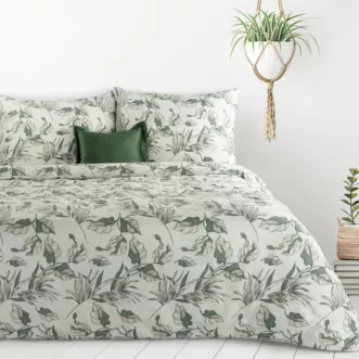 Pościel 140x200 cm komplet 2 częściowy kolor zielono, biały z motywem liści DONNA Design 91