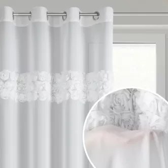 Firana biała z szyfonu zdobiona aplikacją 3D w r&oacute;że 140x250 cm przelotki - ROSES8 - Eva Minge
