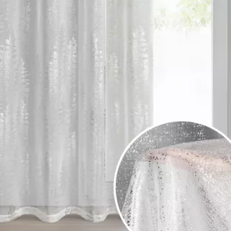Firana świąteczna biało, srebrna zdobiona subtelnymi choinkami 140x250 cm przelotka - ELSA