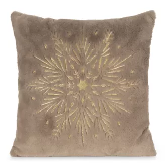 Poszewka na poduszkę świąteczna 45x45 cm jasnorązowo, szampańska z przyjemnego futerka zdobiona haftem śnieżynki