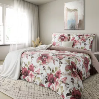 Pościel 140x200 cm komplet 2 częściowy z satyny bawełnianej kolor biało, bordowy z motywem kwiatów SPRING 74