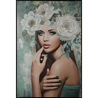 Obraz postaci turkusowo, biały ręcznie malowany na płótnie 80x120 cm BLUSH 1