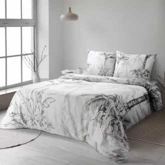 Pościel 140x200 cm komplet 2 częściowy satyna bawełniana kolor biało, beżowy zdobiony motywem roślinnym SPRING 104