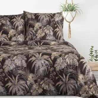 Pościel 140x200 cm komplet 2 częściowy z mikrofibry kolor ciemnobrązowy, beżowy z nadrukiem egzotycznych liści RODOS Design 91