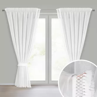 Komplet firan białych 2 szt z etaminy zdobionych subtelnymi frędzlami w zestawie troczki 140x270 cm taśma KIRA 3