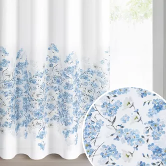 Zasłona biało, niebieska o satynowym splocie zdobiona motywem kwiatów 140x250 cm przelotka - NOA