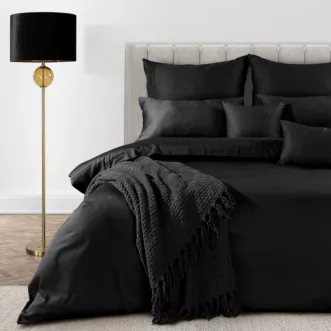 Pościel 140x200 cm z bawełny, makosatyny kolor czarny z ozdobną kantą i haftem kolekcja MINGE ELEGANTE