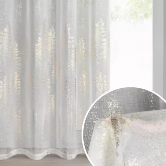 Firana świąteczna biało, złota zdobiona subtelnymi choinkami 140x250 cm szampańska przelotka - ELSA