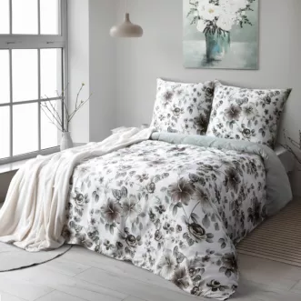 Pościel 140x200 cm komplet 2 częściowy z satyny bawełnianej kolor biało, stalowy z motywem kwiatów SPRING 67