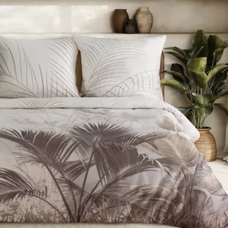 Pościel 140x200 cm satyna bawełniana kolor kremowy, ciemnobeżowy z nadrukiem egzotycznych liści palm Eurofirany Premium