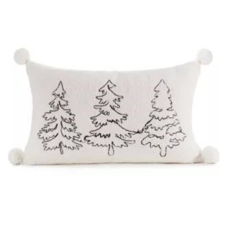 Poszewka na poduszkę świąteczna 30x50 cm biało, zielona z tkaniny typu bukla zdobiona haftem i pomponami