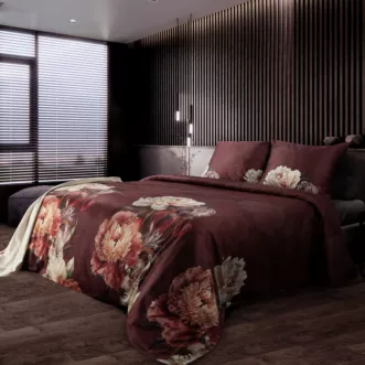 Pościel 160x200 cm z makosatyny bawełnianej kolor bordowy, beżowy z motywem kwiat&oacute;w REINA 47 - kolekcja AMAROSA
