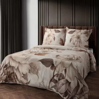 Pościel 160x200 cm komplet 3 częściowy z makosatyny bawełnianej kolor ciemnobeżowo, brązowy z designerskim roślinnym nadrukiem DAKOTA Eva Minge