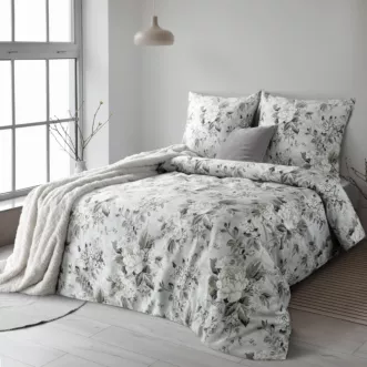 Pościel 140x200 cm komplet 2 częściowy z satyny bawełnianej kolor srebrno, oliwkowy z motywem roślinnym SPRING 62