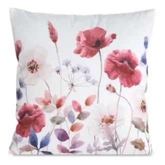 Poszewka na poduszkę 45x45 cm welwetowa biało, czerwona zdobiona nadrukiem letnich kwiatów MINK