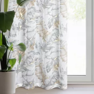 Zasłona biało, srebrna z etaminy zdobiona nadrukiem liści z szampańskim błyszczącym wykończeniem  140x250 cm przelotka - LAYLA