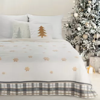 Koc bawełniano, akrylowy 200x220 cm biało, czarny świąteczny z motywem kraty i śnieżynek ANGEL