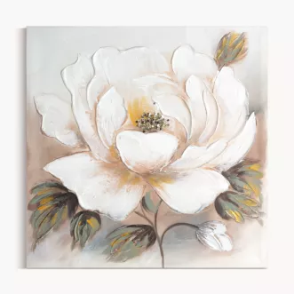 Obraz z kwiatem biało, beżowy ręcznie malowany na płótnie ze złotym zdobieniem 60x60 cm