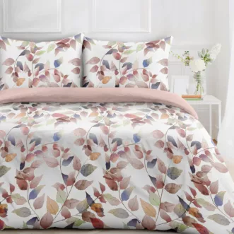 Pościel 140x200 cm komplet 2 częściowy kolor biały, ciemnoróżowy z motywem cieniowanych liści LINDA design 91