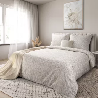 Pościel 140x200 cm komplet 2 częściowy satyna bawełniana kolor ciemnobeżowo, biały zdobiony ornamentem roślinnym SPRING 100