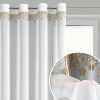 Firana świąteczna biało, złota z etaminy zdobiona aplikacją z motywem gwiazdek 140x250 cm przelotki - XMAS