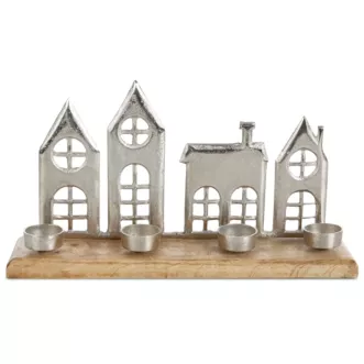 Figurka świąteczna - świecznik drewniany z dodatkiem metalowych domk&oacute;w