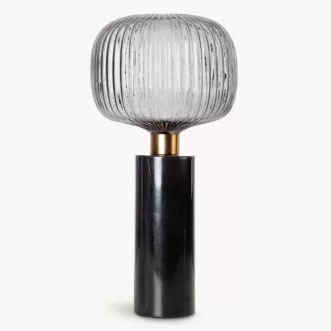 Lampa stołowa do salonu czarno, grafitowa LUKA o marmurowej podstawie i szklanym tłoczonym kloszem