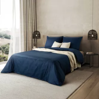 Pościel 160x200 cm komplet 3 częściowy satyna bawełniana kolor granatowy w drobne prążki VERA