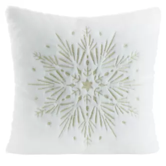 Poszewka na poduszkę świąteczna 45x45 cm biało, szampańska z przyjemnego futerka zdobiona haftem śnieżynki
