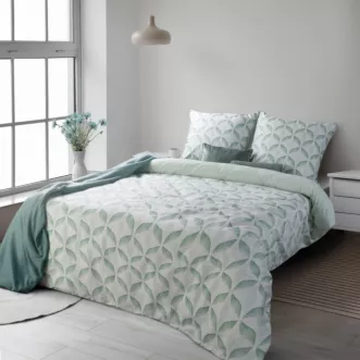 Pościel 140x200 cm komplet 2 częściowy satyna bawełniana kolor miętowo, biały zdobiony motywem geometrycznym SPRING 101