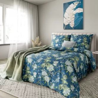 Pościel 140x200 cm komplet 2 częściowy z satyny bawełnianej kolor niebieski, jasnomiętowy z motywem kwiatów SPRING 68