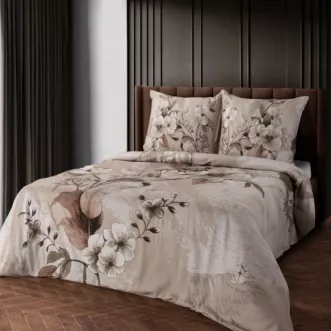 Pościel 160x200 cm komplet 3 częściowy  z makosatyny bawełnianej kolor ciemnobeżowy, jasnobrązowy z designerskim roślinnym nadrukiem  ESTERA Eva Minge