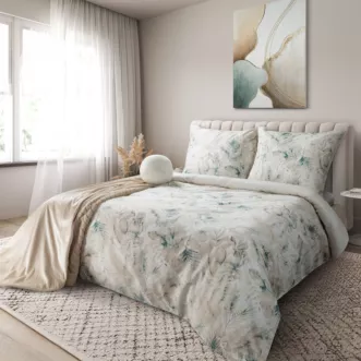 Pościel 140x200 cm komplet 2 częściowy satyna bawełniana kolor beżowy, ciemnoturkusowy zdobiony motywem liści SPRING 82