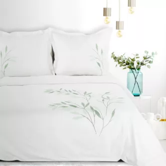 Pościel 220x200 cm bawełniana kolor biały, zielony zdobiona haftowanym wzorem listk&oacute;w Eurofirany Premium