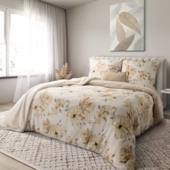 Pościel 140x200 cm komplet 2 częściowy satyna bawełniana kolor beżowo, kremowy z motywem roślinnym  SPRING 90