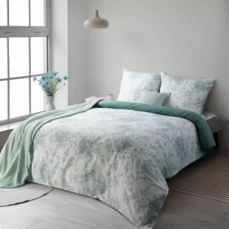 Pościel 140x200 cm komplet 2 częściowy satyna bawełniana kolor biały, jasno miętowy z motywem kwiatów hortensji SPRING 85