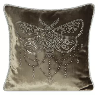 Poszewka na poduszkę 45x45 cm welwetowa, ciemnobeżowa zdobiona wzorem motyla z kryształków ROYAL 8