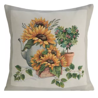 Poszewka na poduszkę 45x45 cm bawełniana, gobelinowa naturalno, żółta z kwiatowym motywem GOB