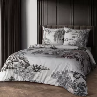 Pościel 160x200 cm komplet 3 częściowy z makosatyny bawełnianej kolor biały, stalowy z designerskim nadrukiem ORIANA Eva Minge