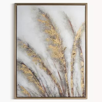Obraz roślinny szaro, złocisty ręcznie malowany na płótnie z motywem trawy pampasowej 50x70 cm