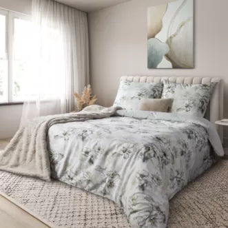 Pościel 140x200 cm komplet 2 częściowy satyna bawełniana kolor jasnobeżowy, jasnoszary z wzorem roślinnym SPRING 73