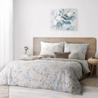 Pościel 140x200 cm komplet 2 częściowy z bawełny kolor kremowy, jasnoniebieski z motywem kwiatów JASMINA
