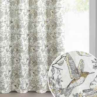 Zasłona o naturalnym splocie kolor naturalny z botanicznym wzorem zdobiona złotymi akcentami 140x250 przelotki - LUCINA 2